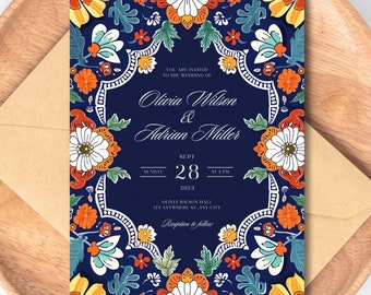 Talavera Tile Wedding Invitation: Navy, Orange, and Green Floral (Canva Template)