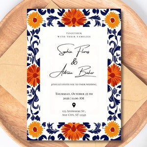 Faire-part de mariage mexicain, invitation inspirée des carreaux Talavera, bordure florale orange et bleue, modèle d'invitation Fiesta modifiable