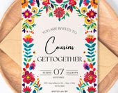 Mexican Floral Invitation, Fiesta Party Invite, Cousins Get Together Invitation, Colorful Otomi Folk Art Floral Invite, Bright Boho Invite
