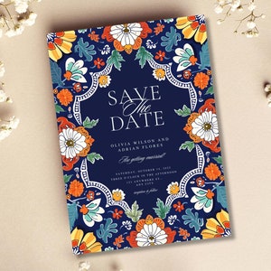 Mexicaanse bruiloft Save the Date, op talavera tegel geïnspireerde uitnodiging, Fiesta-thema, blauwe en oranje bloemenkaart, bewerkbare sjabloonuitnodiging