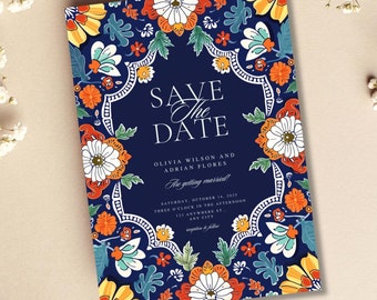 Mexican Wedding Save the Date, Talavera Tile Inspired Invitation, Fiesta Theme, Blue and Orange Floral Card, Editable Template Invite