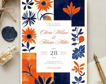 Mexican Wedding Invitation, Talavera Tile Fiesta Invites, Red and Navy Blue Floral Invitation, Rustic Editable Boho Wedding Invite, F61