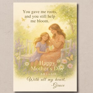 Cartão de Dia das Mães, Ilustração Caprichosa de Mãe e Filha, Saudação Floral de Primavera, Cartão Presente Sentimental para o Dia das Mães, Arte em Pastel Suave