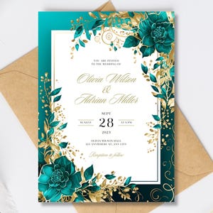 Invito di nozze verde acqua e oro, elegante invito floreale verde smeraldo, inviti di lusso con effetto lamina d'oro, modello di matrimonio botanico moderno