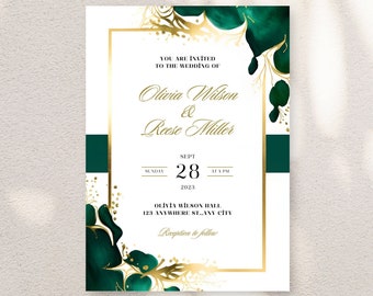 Emerald Green & Gold Wedding Invitation Template (Digital Download)