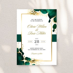 Modèle de faire-part de mariage vert émeraude et or, invitations verdure élégantes, papeterie de mariage feuille d'or, carte de mariage vert et or