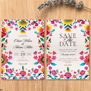 Faire-part de mariage mexicain, invitation florale fiesta, carte RSVP en carreaux Talavera colorés, art populaire lumineux à retenir, modèle modifiable