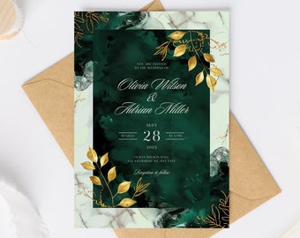 Invitación de boda verde esmeralda: Diseño floral marmolado con lámina dorada (descarga digital)