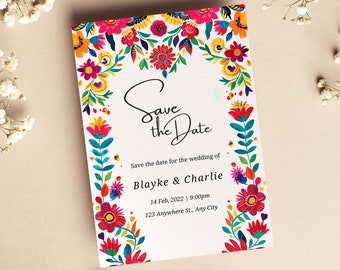 Vibrant Floral Mexican Save the Date Template, 5x7 Folk Art Wedding Announcement, DIY Fiesta Save the Date Printable Editable Invite, H05MF