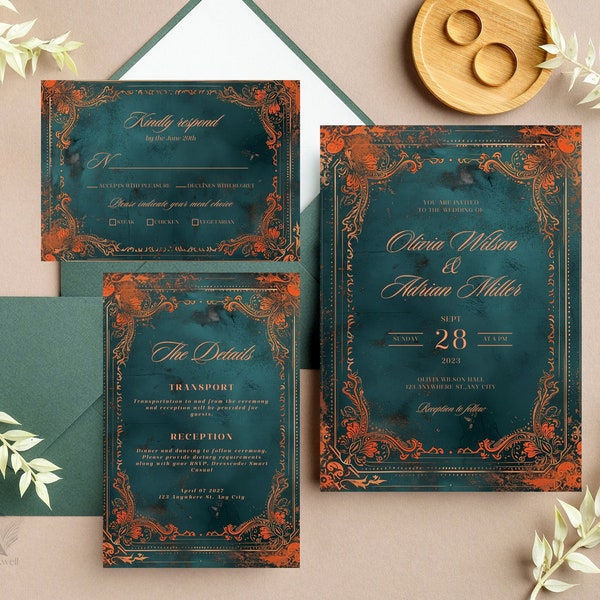 Teal & Burnt Orange Boho Invite Set, Customizable 5x7 Wedding Suite, Printable and Editable, Floral Details RSVP, Instant Download, H04BTO