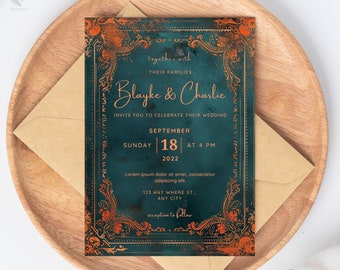 Bleu sarcelle & orange brûlé Boho mariage faire-part, faire-part numérique floral orné de 5 x 7, modèle de faire-part de mariage bohème vintage, H01BTO