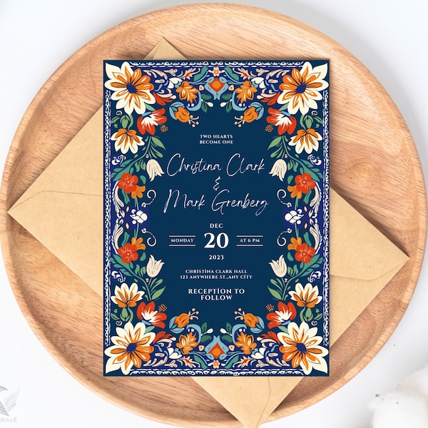 5x7 Talavera Floral Wedding Invitation Template, Blue & Orange Digital Invite, Printable Folk Art Marriage Card, DIY Editable, H02MTT