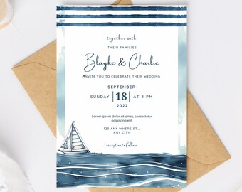 Elegant Dusty Blue Sailboat & Stripes Design Wedding Invitation 5x7, Printable DIY Custom Editable Nautical Wedding Invite Template, H02DBNS