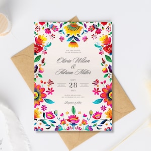 Faire-part de mariage mexicain, invitation fiesta florale colorée, carreaux Talavera, mariage bohème rustique, modèle modifiable, art folklorique