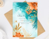 Tropical Teal & Coral Floral Wedding Invite, Editable 5x7 Invitation Template, Chic Printable Orange Marriage Card, Instant Download, H02TO