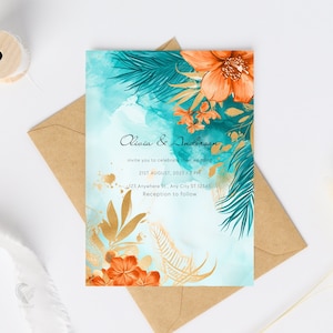 Tropische Teal & Coral Blumenhochzeit einladen, bearbeitbare 5 x 7-Einladungsvorlage, schicke druckbare orange Ehekarte, sofortiger Download, H02TO