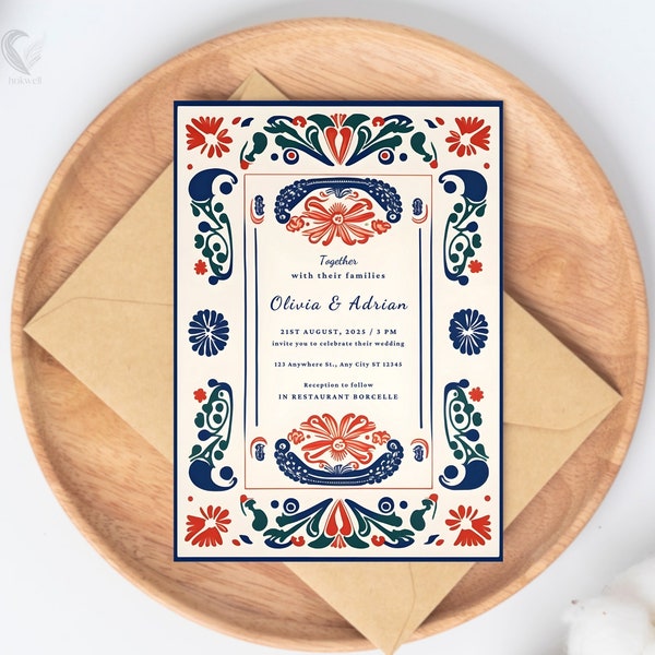 Traditional Mexican Talavera Tile 5x7 Invite, Digital Folk Art Wedding Card, Printable Papel Picado Design, Vibrant Fiesta Invitation, H01M