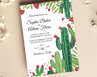 Desert Cactus Wedding Invitation, 5x7 Printable Green & Red Succulent Wedding Invite, Botanical Digital Download, Editable Template, H02RG