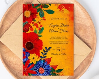 Boho Chic Red & Yellow Floral Wedding Invitation - Digital 5x7 Editable Invite Template, Bohemian Printable Marriage Announcement, H03RY