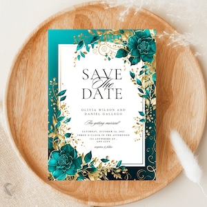 Luxe Teal & Gold Floral Save the Date, anpassbare 5x7 Hochzeitskarte, elegantes Digital Save the Date mit goldenen Akzenten, H28TG
