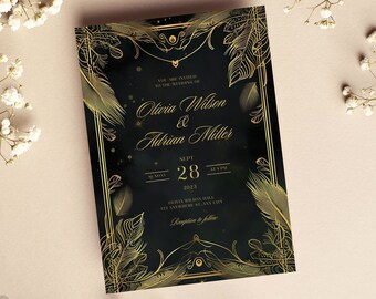 Puede incluir: Invitación de boda dorada y negra con un borde decorativo de plumas y hojas. El texto dice "Usted está invitado a la boda de Olivia Wilson y Adrian Miller, domingo 28 de septiembre de 2023 a las 3 PM, Olivia Wilson Hall, 123 Anywhere St, Any City, Recepción a continuación."