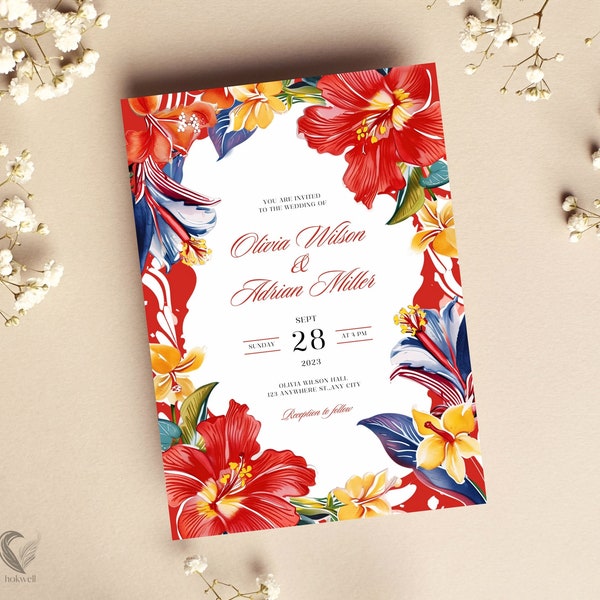 Tropical Hawaiian Wedding Invitation, Vibrant Red and Yellow Hibiscus Floral Wedding Invite, Exotic Beach Destination Wedding Invite, H01VR