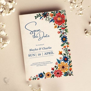 Mexikanische Talavera Hochzeit Save the Date Karte, Floral Boho Einladung, Bunte Fiesta Hochzeit einladen, druckbare digitale Vorlage, H04MT