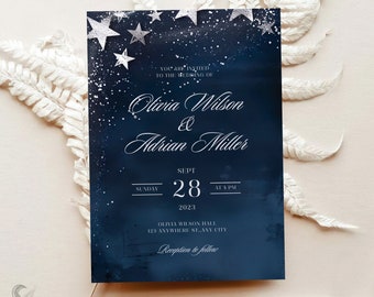 Starry Night Sky Wedding Invitation, Navy & Silver Editable Template, 5x7 Printable Invite, Instant Download, Celestial Theme, H03NBS