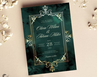 Emerald Green Wedding Invitation, Gold Foil Details, Elegant Dark Green and Gold Invites, Modern Luxury Wedding Invitations, H25EGG
