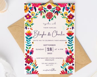 Peut inclure: Une invitation de mariage colorée avec une bordure florale. L'invitation indique "together with their families Blayke & Charlie invite you to celebrate their wedding September 18 at 4 PM 2022 Lorem ipsum dolor sit amet, consectetur adipiscing elit. 123 Any Where St., Any City reception to follow"