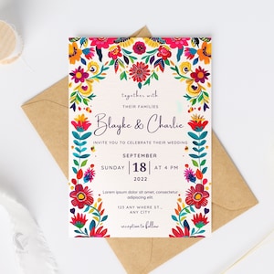 Invitación de boda colorida con temática de fiesta, descarga digital editable de 5 x 7, diseño floral festivo, elementos vibrantes del arte popular mexicano, H03MF