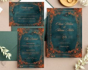 Ensemble d'invitation bohème bleu sarcelle et orange brûlé, suite de mariage personnalisable 5 x 7, imprimable et modifiable, détails floraux RSVP, téléchargement immédiat, H04BTO