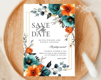 Boho Floral Save the Date Template, Rust & Teal Customizable Wedding Announcement, 5x7 Printable Invitation with Eucalyptus Accents, H10TR