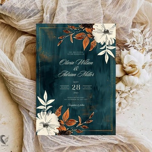 Teal and Copper Wedding Invitation, Boho Floral Invites, Elegant Dark Teal and Rust Wedding Invitation, Autumn Wedding Invite, H08TBO