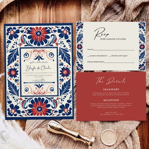 Traditional Talavera Tile 5x7 Wedding Invite Set | Customizable Digital Fiesta Invitation | Red & Blue Floral Mexican Printable Suite, H13M