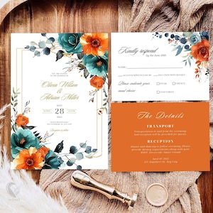 Suite de faire-part de mariage botanique floral bleu sarcelle et orange brûlé, carte de mariage bleu sarcelle imprimable, faire-part de mariage numérique bohème, H09TR