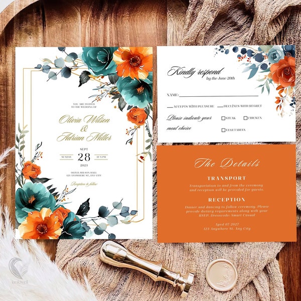 Suite di inviti di nozze botanici floreali e arancione bruciato, carta di matrimonio stampabile verde acqua, set di inviti di nozze digitali Boho, H09TR