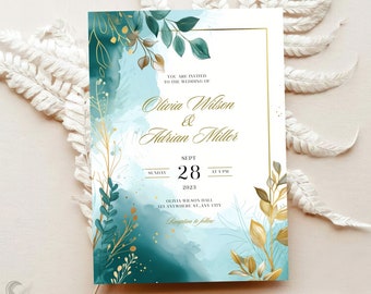 Gold Foil Boho Wedding Invite, Teal Watercolor Digital Download, 5x7 Elegant Botanical Wedding Card, Printable & Editable Invitation, H03AA