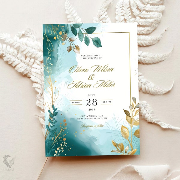 Gold Foil Boho Wedding Invite, Teal Watercolor Digital Download, 5x7 Elegant Botanical Wedding Card, Printable & Editable Invitation, H03AA