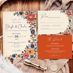 Boho Chic Talavera Tile Wedding Invitation Suite | 5x7 Editable, Vibrant Floral Printable Invite, Unique Mexican Design, H03MT