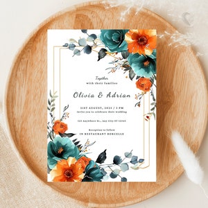 Convite de casamento floral azul-petróleo e laranja queimado botânico, cartão de casamento de eucalipto para impressão 5x7, convite de casamento digital boho, H07TR