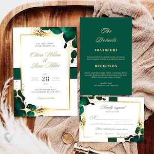 Conjunto de convites de casamento florais verdes e dourados, 5x7" para download digital, conjunto de convites de casamento elegantes para impressão, modelo editável, H07EGG