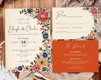 May include: A wedding invitation with a floral design in shades of red, blue, yellow, and green. The invitation is for Blayke and Charlie and includes the date and time of the wedding. The RSVP card includes details about transportation and reception.