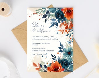 Boho Chic Teal & Burnt Orange Floral Wedding Invite, Digital Bohemian 5x7 Invitation, Watercolor Flowers, Editable Template, H06TR