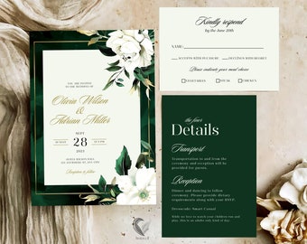 Invitación de boda floral verde esmeralda: detalles botánicos dorados (plantilla editable de Canva)