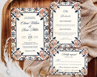 Mexico Wedding Invitation Suite, Digital Talavera Tile Design Invite Set, Printable Boho Chic Nuptials, Floral Blue & Orange Invites, H09M
