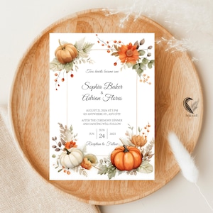 Kürbis-Hochzeitseinladungs-Vorlage | Herbst-Themed einladen Design | Wunderliche, von der Natur inspirierte Karte | Romantische Hochzeit