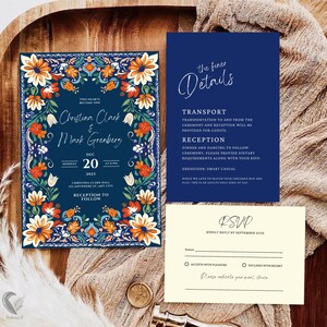 Invitación de boda con diseño floral de mosaico mexicano, invitación de boda bohemia en azul marino y naranja, invitación colorida con temática mexicana, tarjeta de boda floral, H05MTT