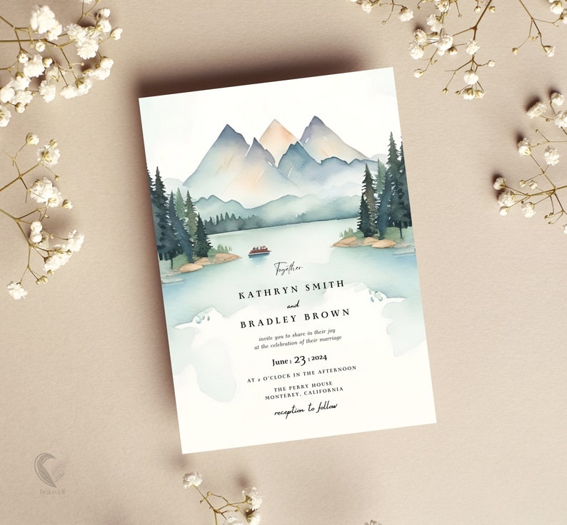 Mountain Lake Wedding Invitation, Romantic Canoe Scene 5x7, Digital ...