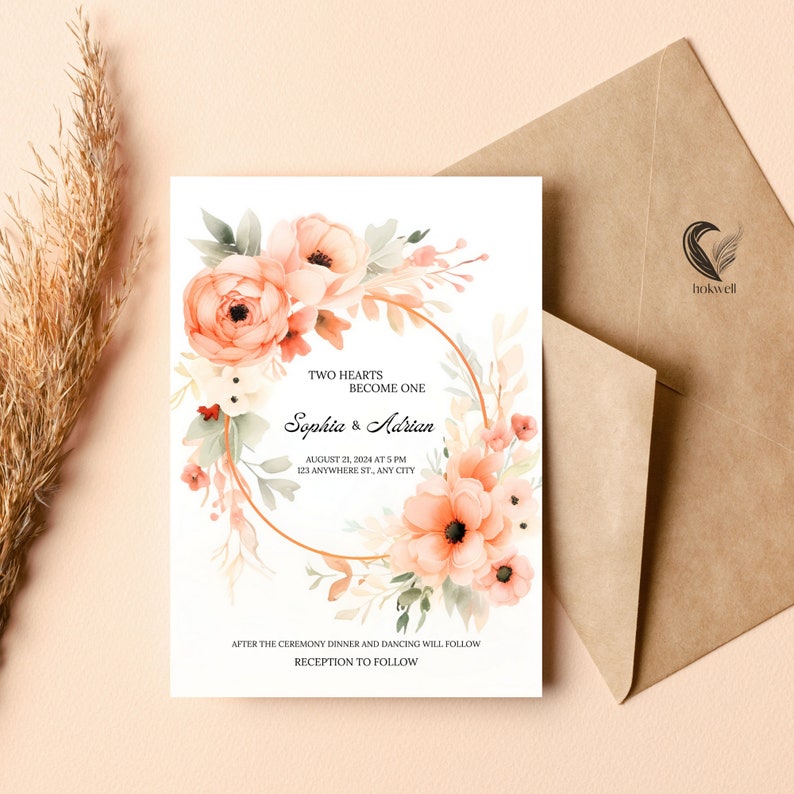 Peach Wedding Invitation Template Blush Floral Invite Design Coral Blush Rose Gold Invitations